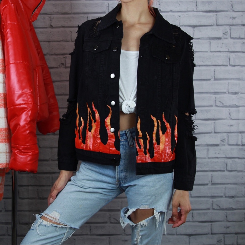 Flame denim distressed jacket pretty little thing